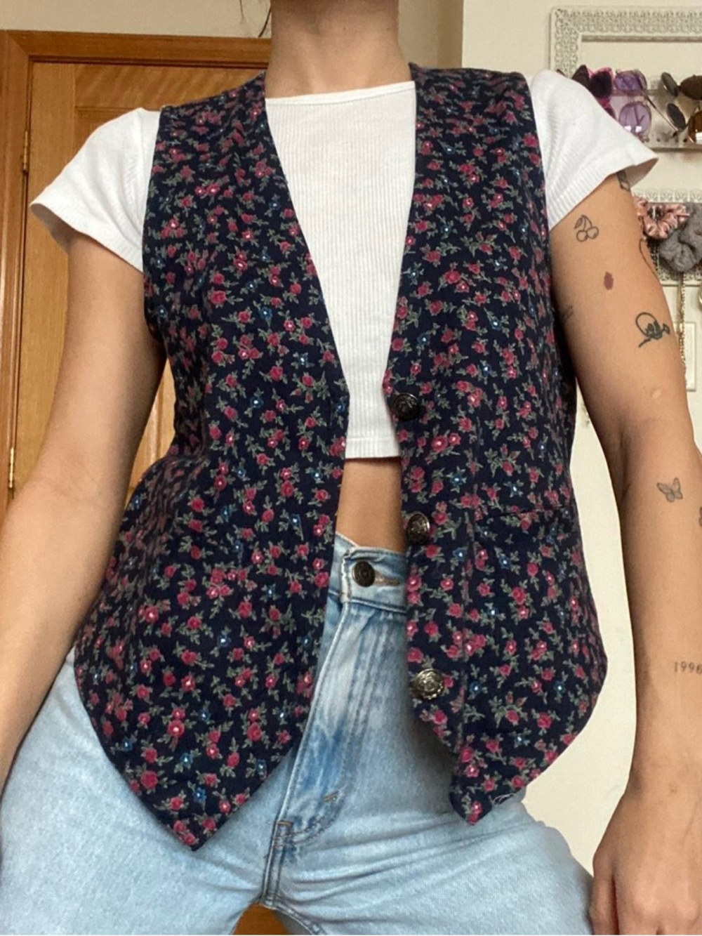 Vintage Floral Button Up Vest with Floral Rose Print & Chambray Denim Back
